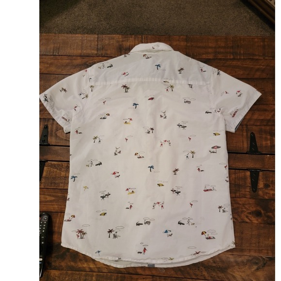 FREE PLANET Y2K Mens White All Beach Scene Print Short Sleeve Button Up Shirt M - Picture 2 of 8